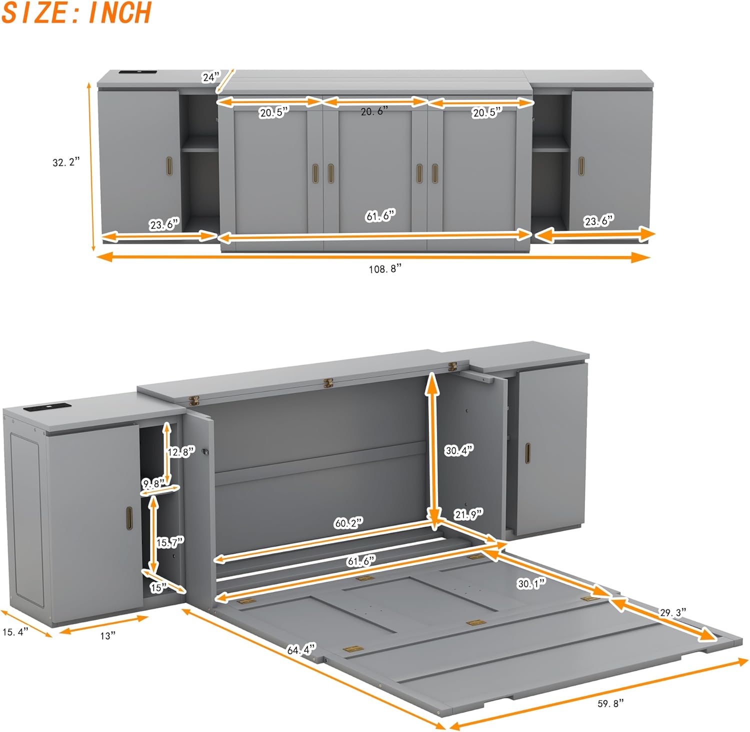 Queen Size Murphy Bed with Shelves, Cabinets and USB Ports, Gray Q16087