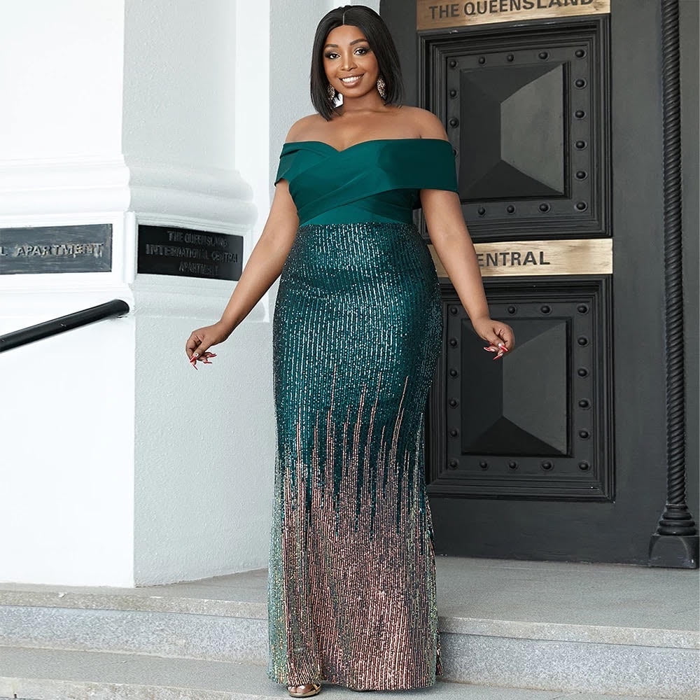 Women off Shoulder Sequin Formal Evening Gowns Plus Size Dress E966