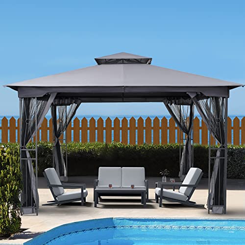 10' X 12' Outdoor Patio Gazebo with Mosquito Netting Dark Brown E27932