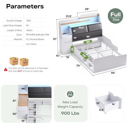 Full Platform Bed Frame with Storage Headboard, 4 Drawers, LED Light & Charging Station P719216