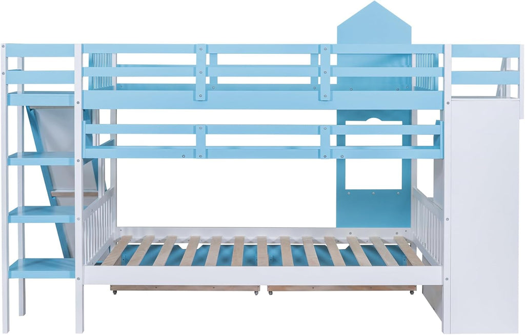 Full Over Full Solid Wood Bunk Bed with Stairs and Slide and Storage Drawers and Bookshelf (Blue) U370