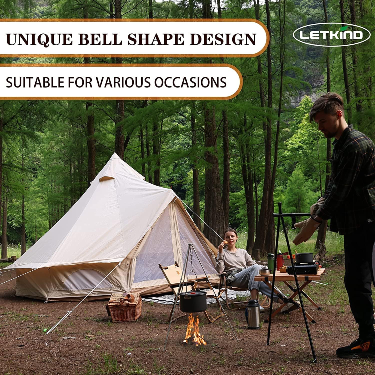 Canvas Bell Tent with Stove Jack, 4 Season Waterproof Cotton Camping Tent J41530