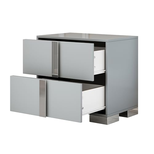 Queen Wood Upholstered Bed with LED Lights, 2 Mirrored Nightstands, 6-Drawer Dresser with Metal Handles and Legs (Grey) M8352