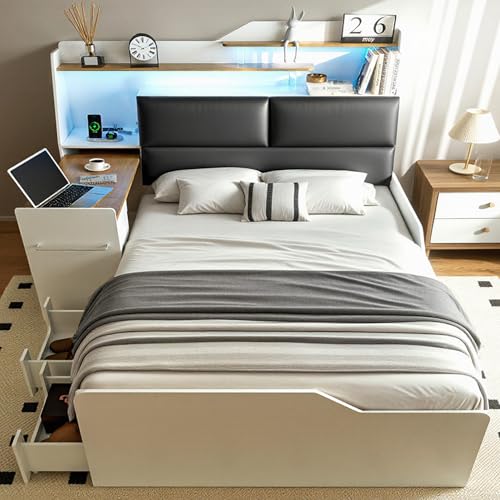 Full Platform Bed Frame with Storage Headboard, 4 Drawers, LED Light & Charging Station P719216