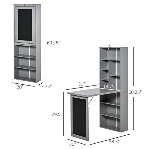Grey Wall Mount Desk Cabinet with Blackboard and Side Shelf M8497