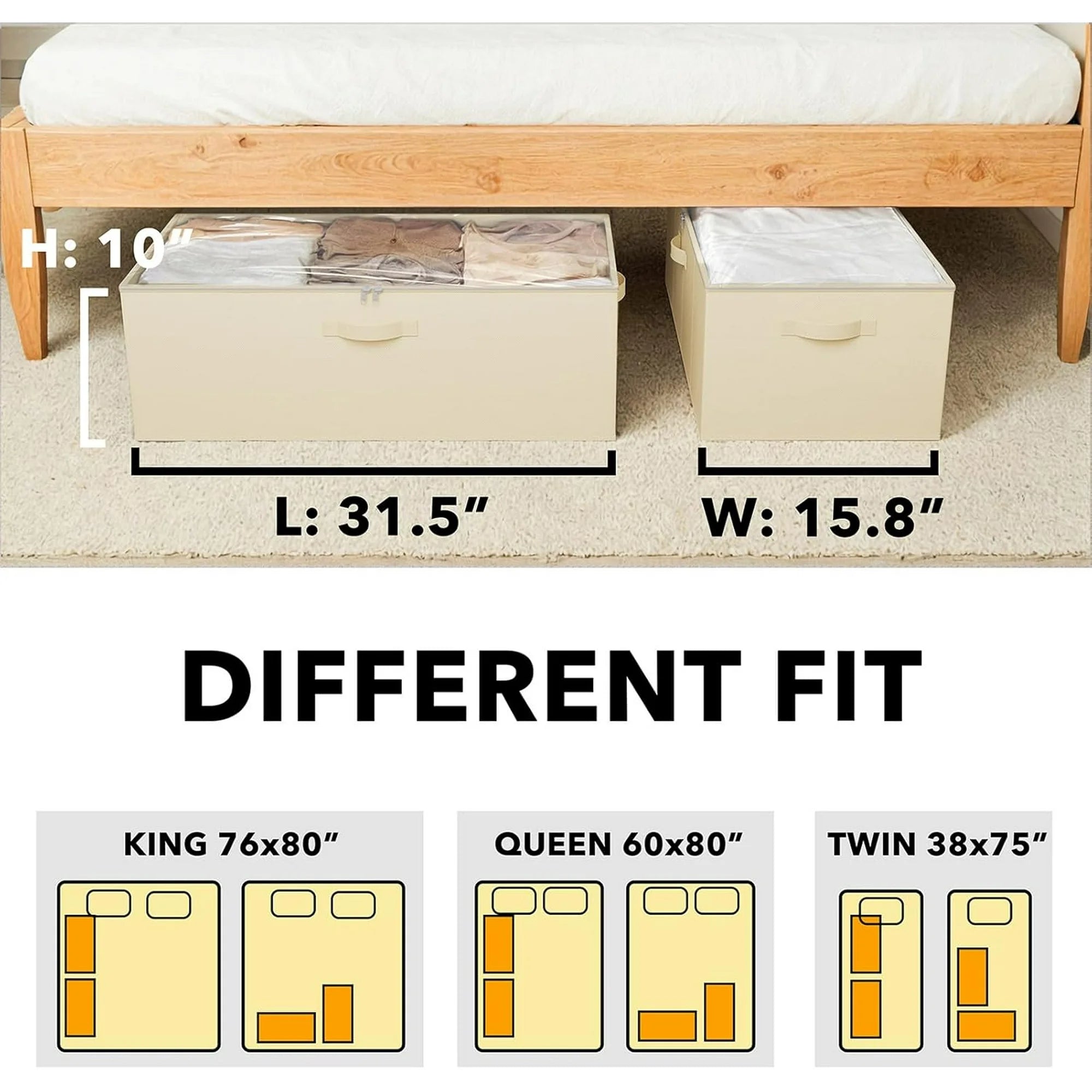 2 Pack 10 High Under Bed Storage Containers with Lids (Beige) I506