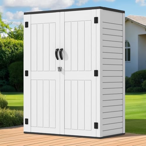 Brown Resin Vertical Outdoor Storage Shed, 59 Cubic Feet J83445