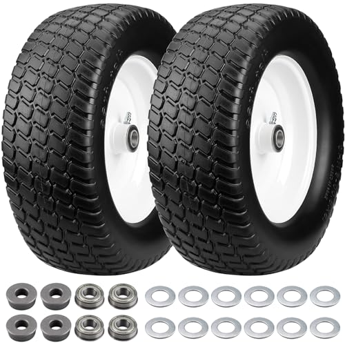 15x6.00-6nhs Lawn Mower Tires Flat Free, 2 Pcs 15x6-6 Tire and Wheel with 3/4" & 5/8" Precision Bearings -1" Bushings & 3" Offset Hub L2658