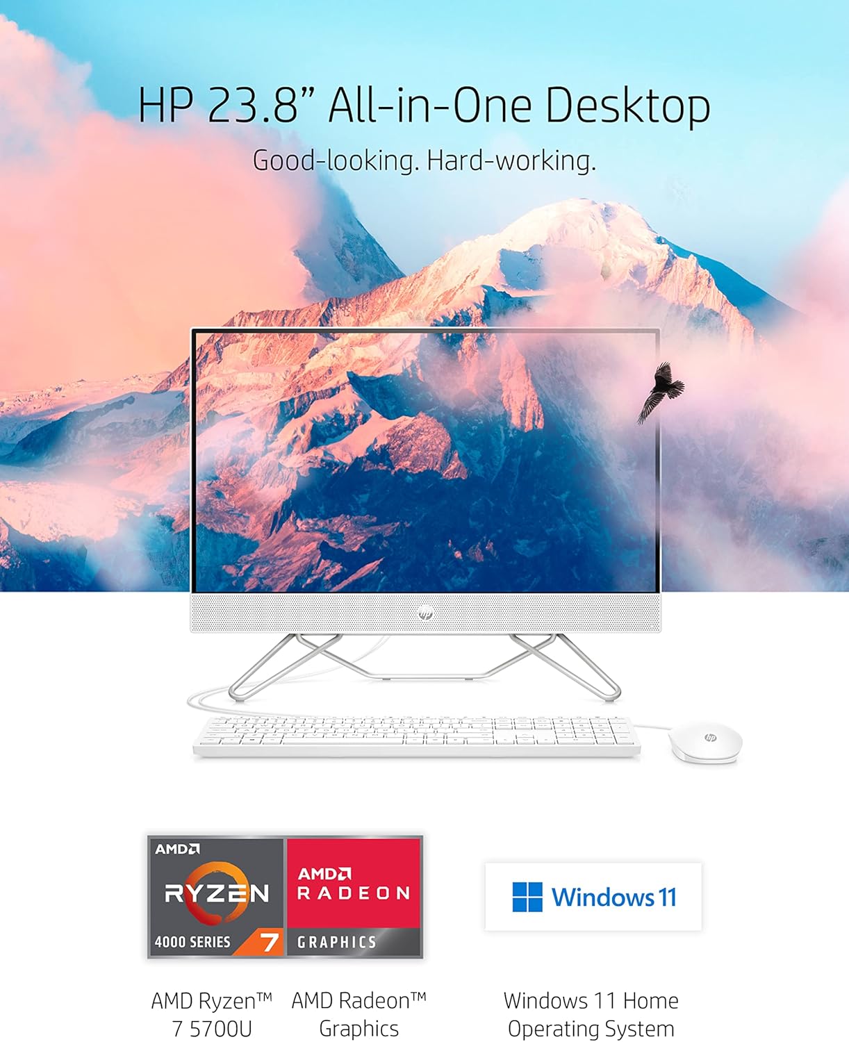 24" All-in-One Desktop, AMD Ryzen 7 5700U, 16 GB, 256 GB SSD & 1 TB Hard Drive, Full HD IPS Touchscreen, Windows 11 Home D60470