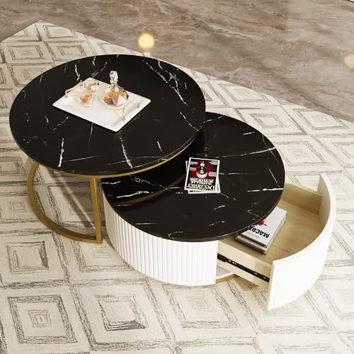 White Gold Round Nesting Coffee Table with Drawer P474489