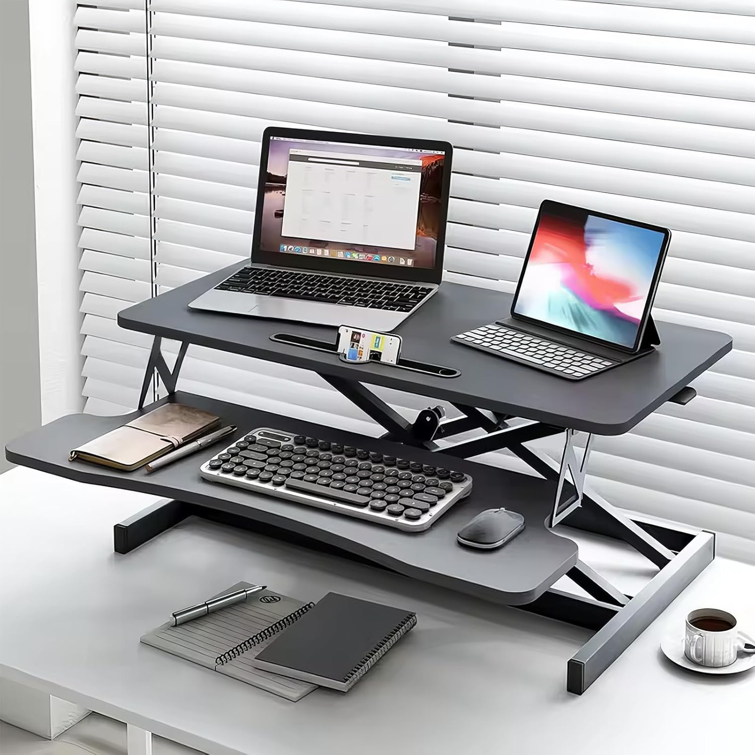 32" Height Adjustable Dual-Layer Standing Desk Converter with Keyboard Tray Y691
