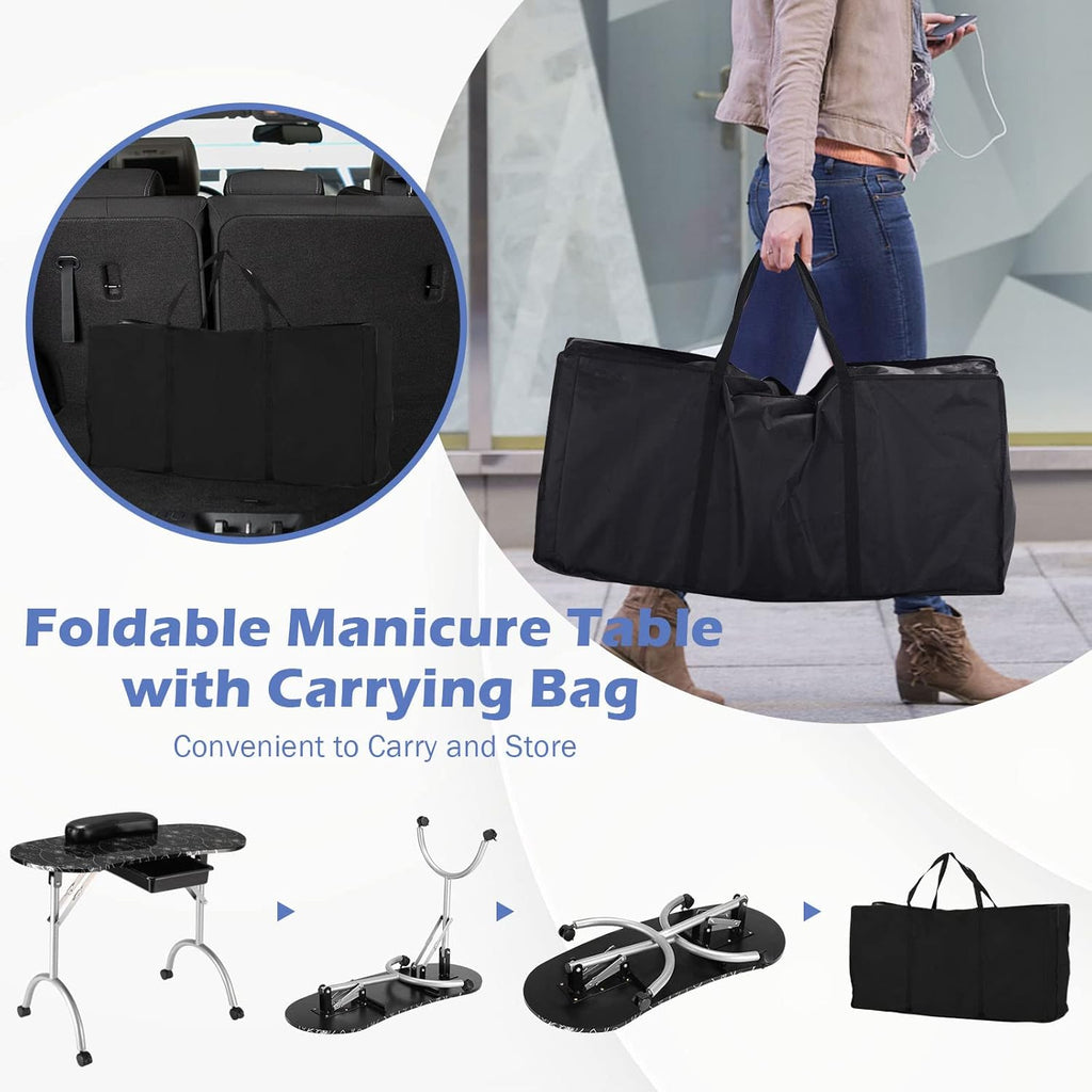 Black Portable Nail Table with Drawer and Casters G4199