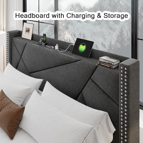 Light Grey Queen Bed Frame with 4 Storage Drawers K283047