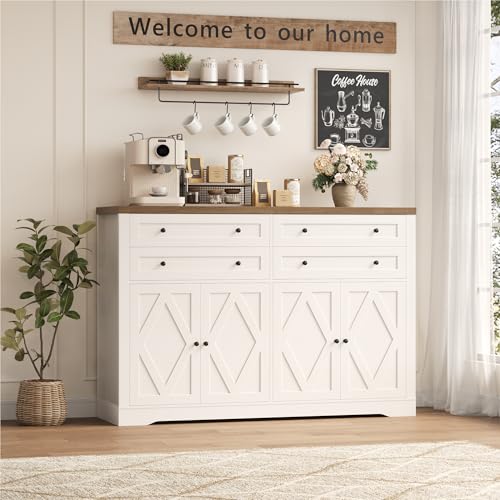55" Coffee Bar with 4 Large Drawers, Tall Buffet Cabinet with Storage, Adjustable Shelves, Ash Grey H2885