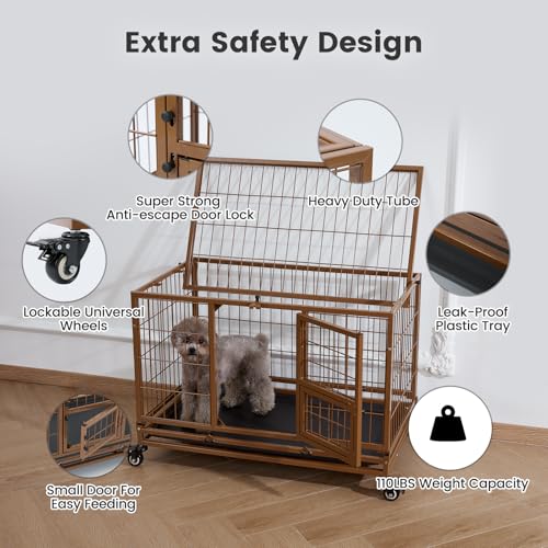 43 Inch Heavy Duty Metal Dog Crate with Wheels and Removable Tray (Black) U53837