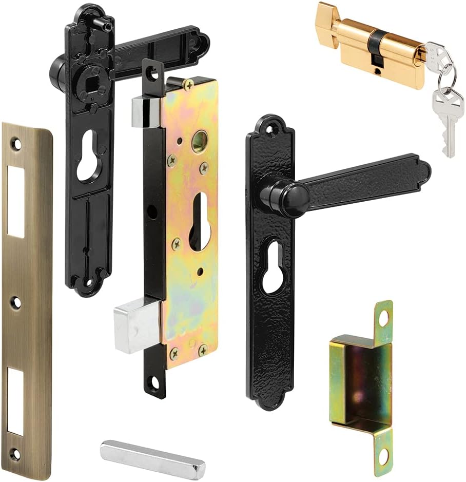 Steel and Diecast Security Door Keyed-Locking Mortise Handle Set, 6-3/4 Inch Mounting Hole Centers, Black, Set of 1 S395757