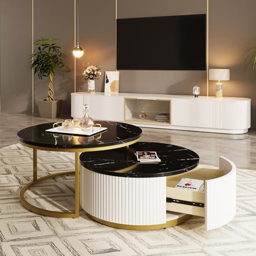White Gold Round Nesting Coffee Table with Drawer P474489
