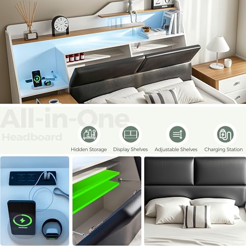 Full Platform Bed Frame with Storage Headboard, 4 Drawers, LED Light & Charging Station P719216