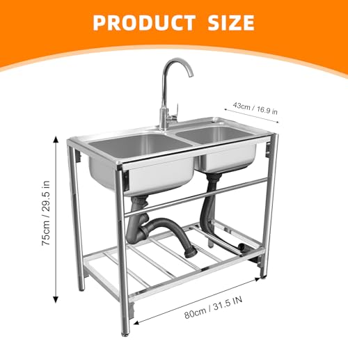 Stainless Steel Double Bowl Free Standing Utility Sink 31.5" x 16.9" x 29.5" A3040