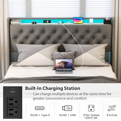 Gray Full Size Upholstered Bed Frame with 4 Storage Drawers and LED Lights A11372