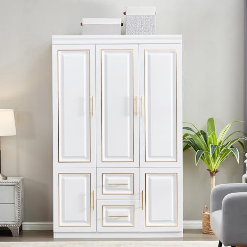 White Wood Storage Closet with Doors and Hanging Rod I69927