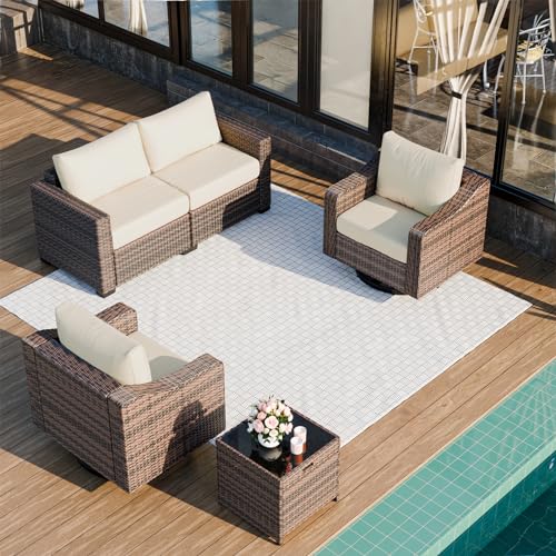 6 Piece Heavy Duty Wicker Patio Furniture Set with Fire Pit Table and Swivel Chair, Grey N579554
