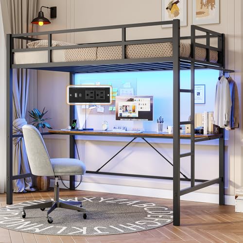 White Twin Size Metal Loft Bed with Desk and Led Lights C577980