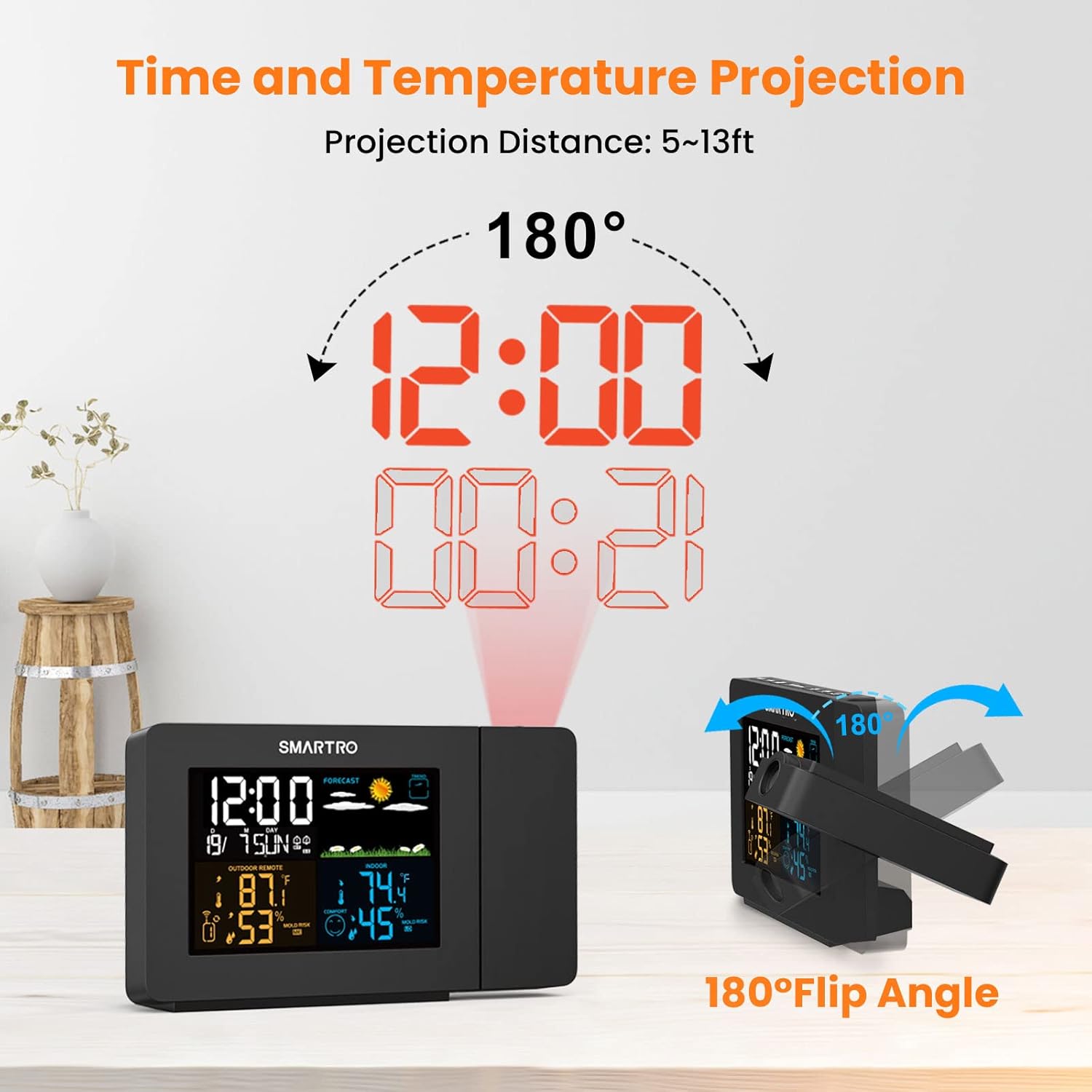 Projection Alarm Clock with Weather Station, Wireless Indoor Outdoor Thermometer, Temperature Humidity Monitor R4217