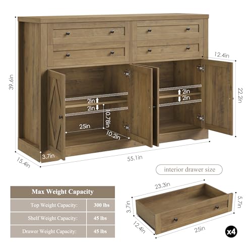 55" Coffee Bar with 4 Large Drawers, Tall Buffet Cabinet with Storage, Adjustable Shelves, Ash Grey H2885