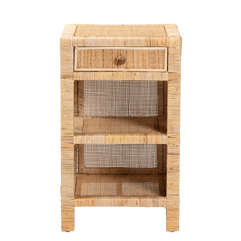 Natural Brown Mahogany Wood and Natural Rattan 1-Drawer Nightstand U418