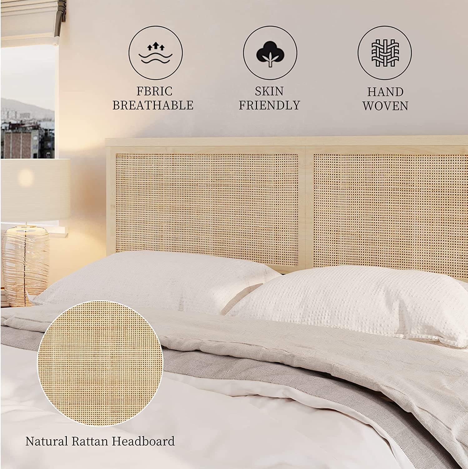 Natural Rattan Queen Bed Frame with Wooden Headboard and 4 Storage Drawers R353431