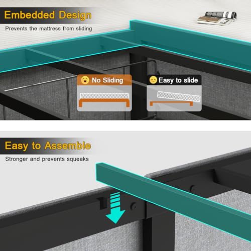 Gray Full Size Upholstered Bed Frame with 4 Storage Drawers and LED Lights A11372