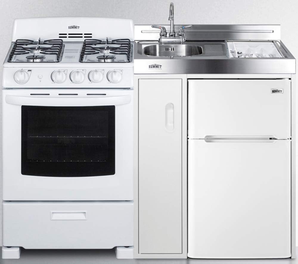 54" Wide All-in-One Kitchenette with 4-Burner Gas Range, Refrigerator-Freezer, Sink, Cutting Board and Storage Cabinet H7903