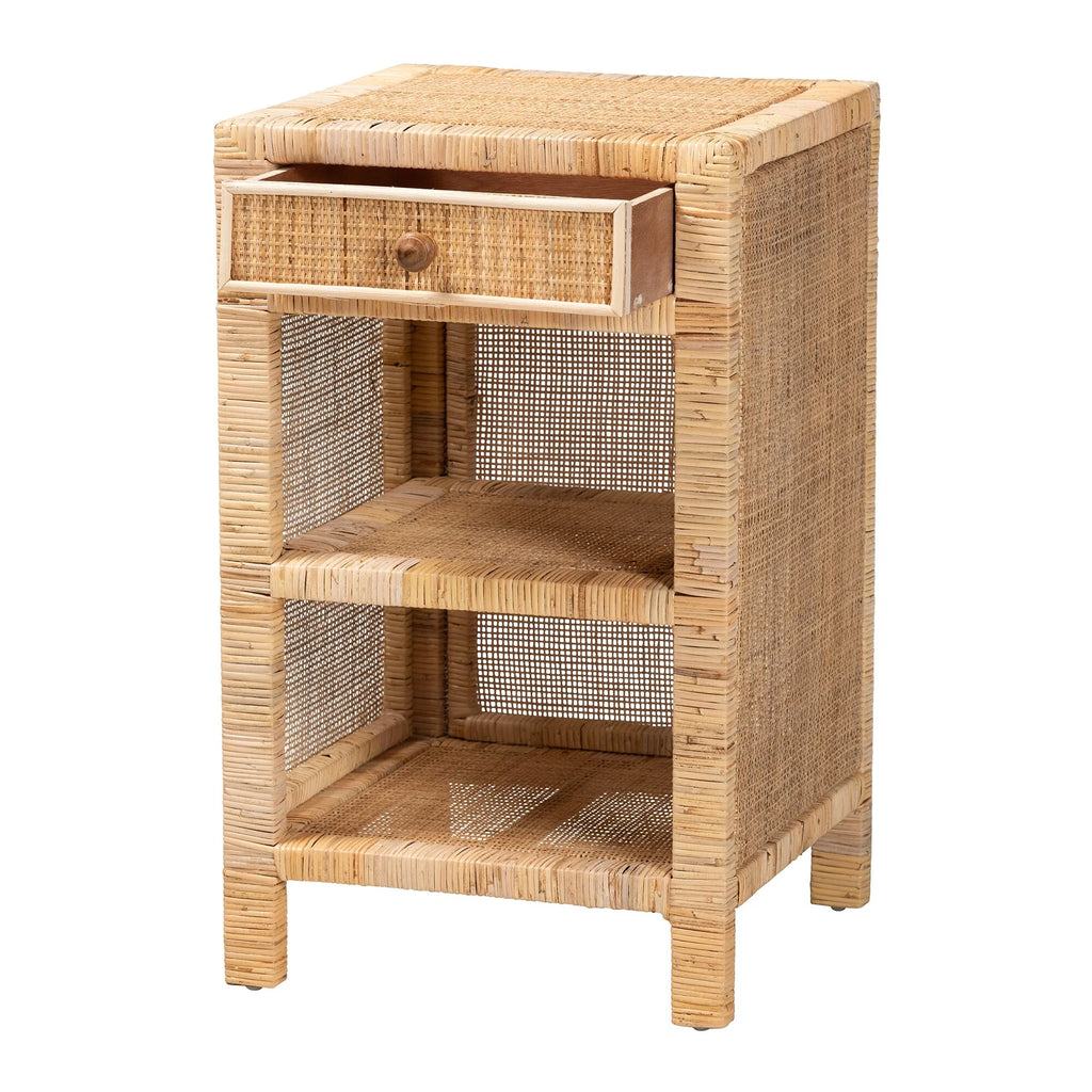 Natural Brown Mahogany Wood and Natural Rattan 1-Drawer Nightstand U418