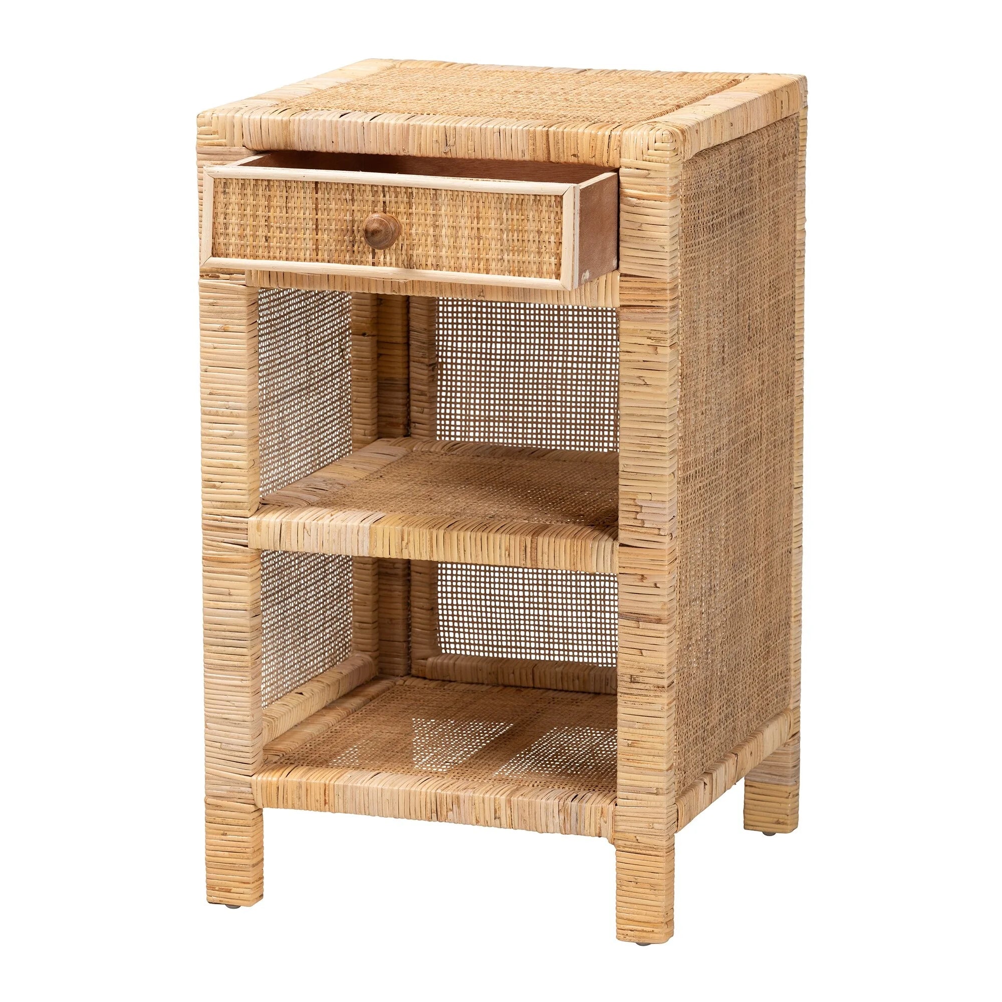 Natural Brown Mahogany Wood and Natural Rattan 1-Drawer Nightstand U418