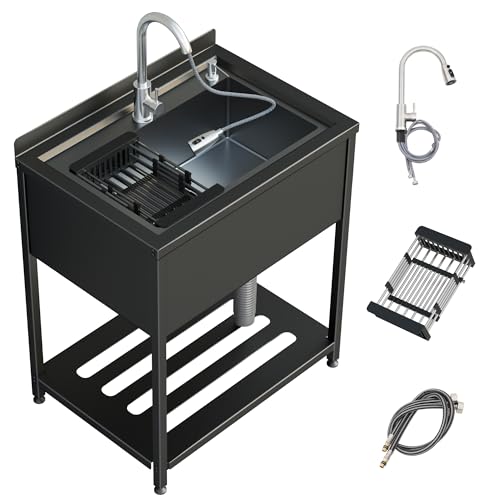 Stainless Steel Utility Sink 36.6" × 24.2" × 36.6" with Cold and Hot Water Faucet and Drain Kit E572