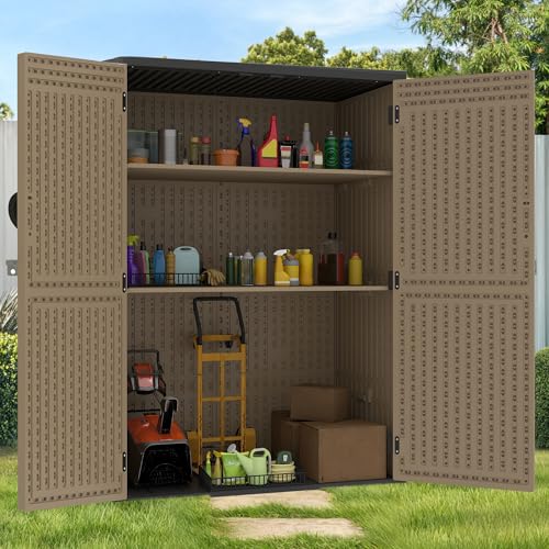 Brown Resin Vertical Outdoor Storage Shed, 59 Cubic Feet J83445