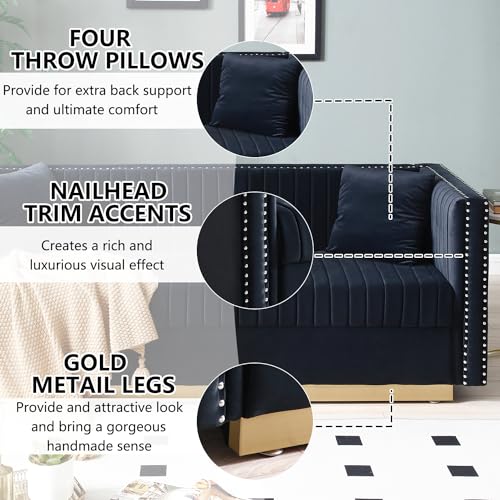 Black Velvet 3 Seater Sofa with Gold Metal Legs H658960
