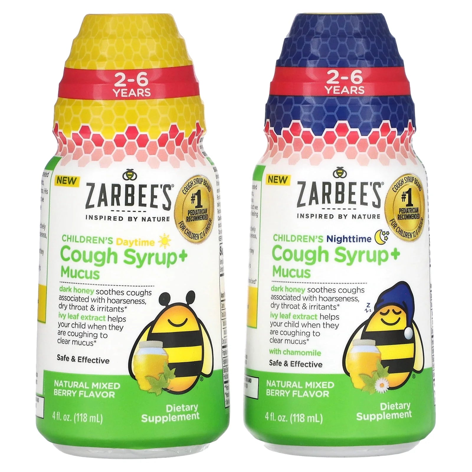 Kids Cough + Mucus Day/Night with Honey, Ivy Leaf, Zinc & Elderberry, Mixed Berry, 2x4FL Oz W302