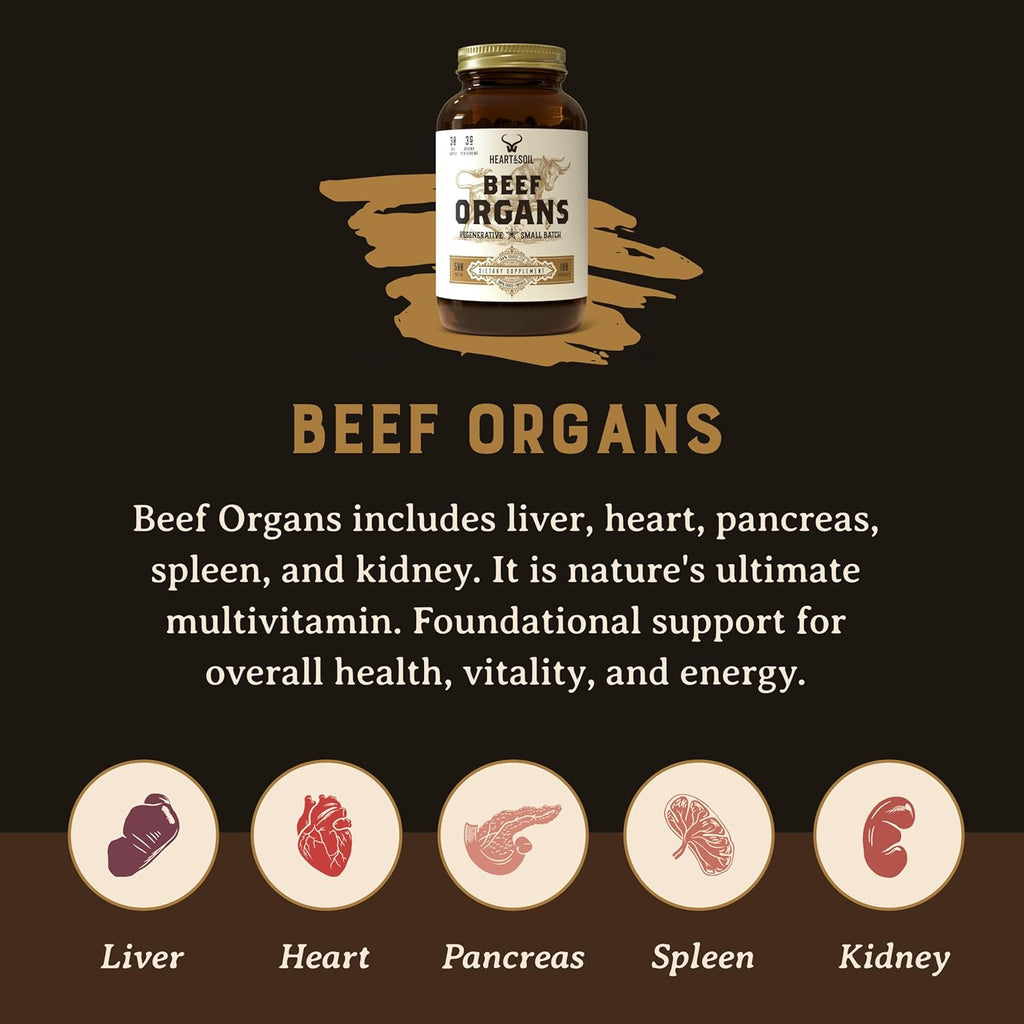 Beef Organs Complex Grass Fed Liver Heart Kidney Pancreas Spleen 180 Capsules I128