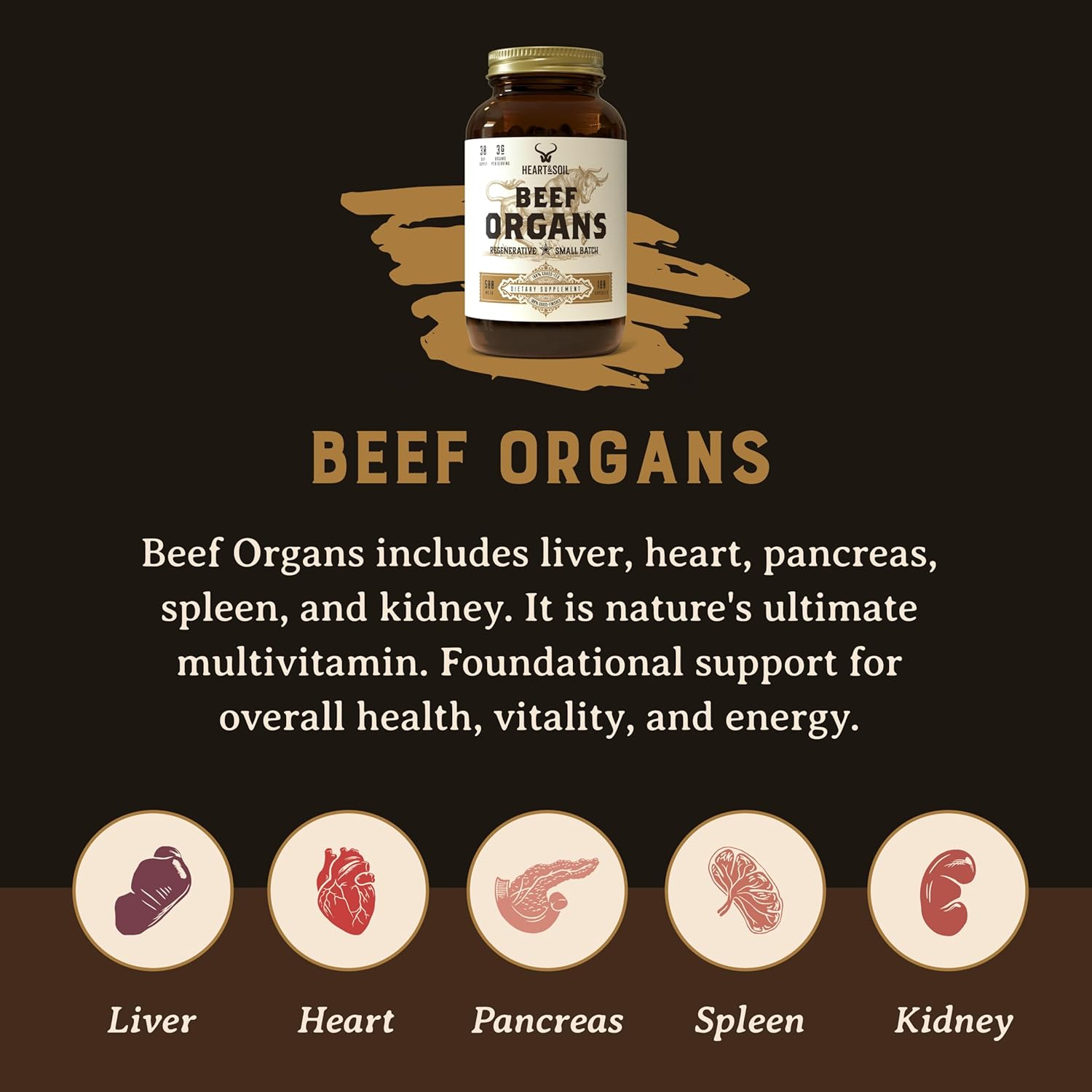Beef Organs Complex Grass Fed Liver Heart Kidney Pancreas Spleen 180 Capsules I128
