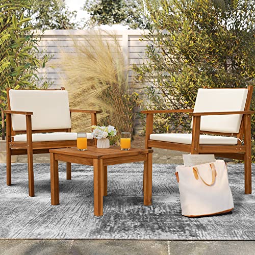 3 Piece Acacia Wood Patio Chairs with Coffee Table & Cushions I114340