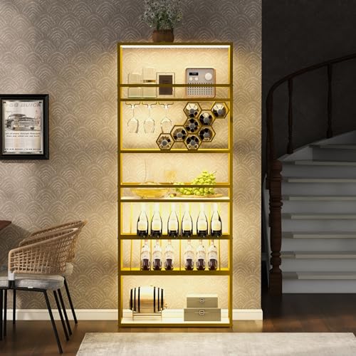 Gold 6 Tier Freestanding Wine Rack with Glass Holder and Storage Shelves X5652