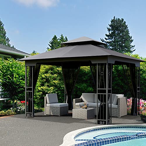 10' X 12' Outdoor Patio Gazebo with Mosquito Netting Dark Brown E27932