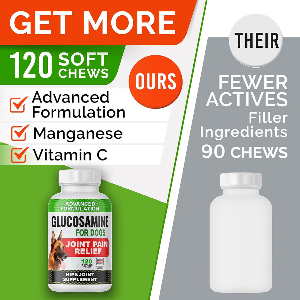 Glucosamine Tablets for Dogs - Joint Supplement w/Omega-3 Fish Oil - Chondroitin, MSM - 120 Ct H539