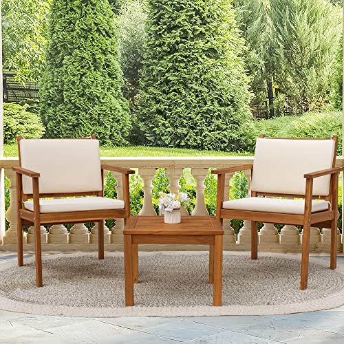 3 Piece Acacia Wood Patio Chairs with Coffee Table & Cushions I114340