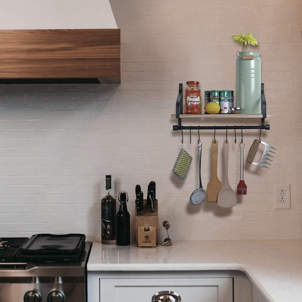 Rustic Wood Shelf with 8 Hooks X620