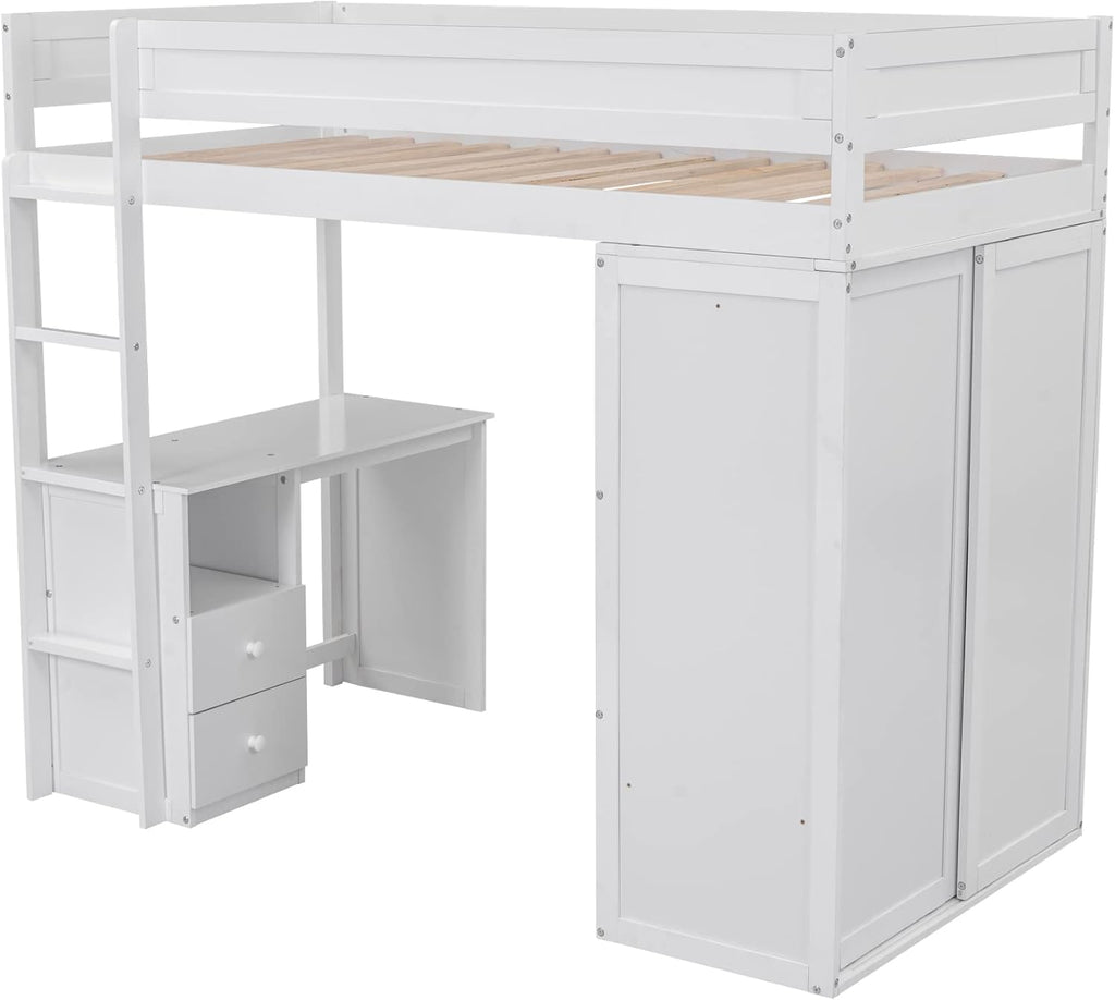 White Wooden Twin Size Loft Bed with Desk and Wardrobe T6834