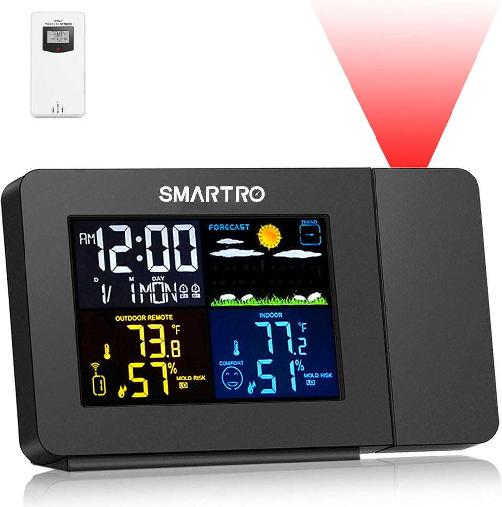 Projection Alarm Clock with Weather Station, Wireless Indoor Outdoor Thermometer, Temperature Humidity Monitor R4217