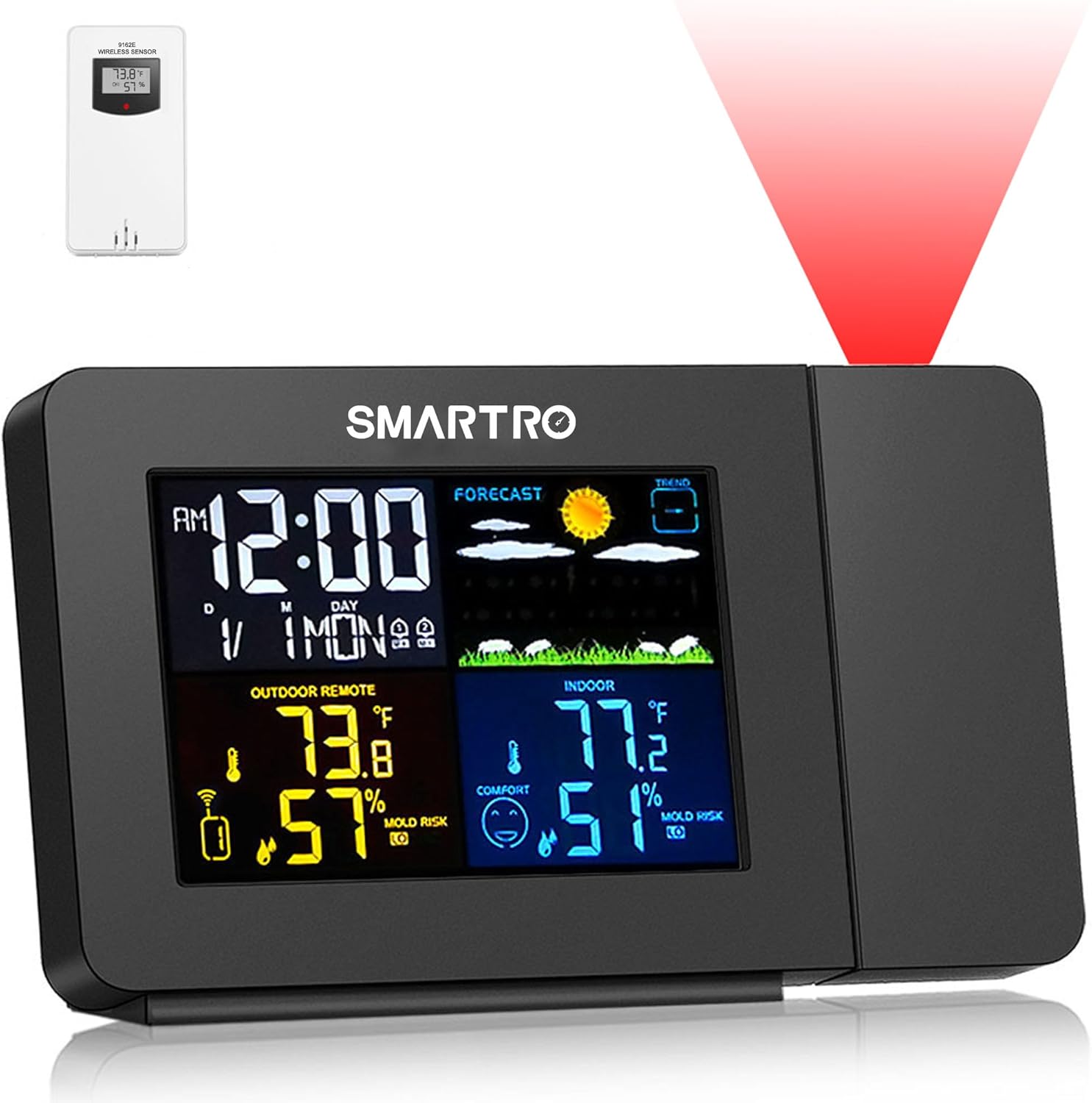 Projection Alarm Clock with Weather Station, Wireless Indoor Outdoor Thermometer, Temperature Humidity Monitor R4217